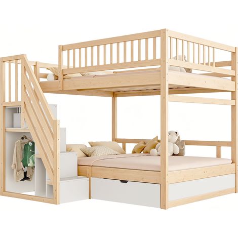 Lit superposé 140x200 cm avec échelle de rangement, barrières hautes et tiroirs de rangement, bois couleur bois pour enfants et ados  CHICFURN (1/5)