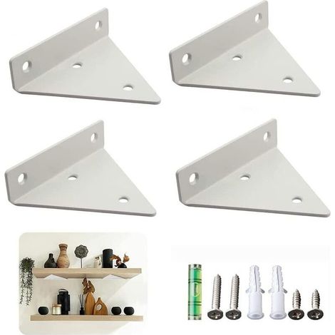 4 Pièces Supports D'étagère, Support Étagère Mural en Métal, Supports Tablette Flottante, Triangle Support Invisible Etagere avec Vis, pour Déco Salon, Chambre, Salle de Bain (Blanc) (1/5)