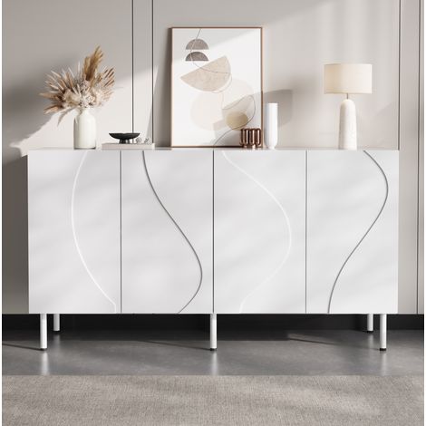 Credenza bianca moderna 140 cm con ante curve 3D, apertura push-to-open, MDF e truciolare (1/5)
