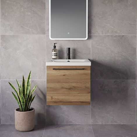 Napoli 390 Tobacco Oak 500mm Wall Mounted Single Drawer Vanity Unit with Glide Basin - 500mm - Matt Black 320mm Handle