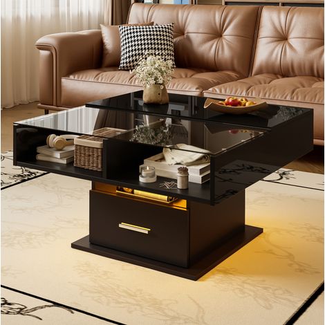 Table basse relevable LED, 78 x 78 cm, en panneaux de particules, noire HAVRYA (1/5)
