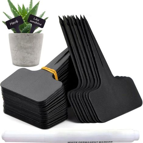 100 pezzi etichette per giardino esterno, marcatori per piante in plastica a T, etichette per orto con penna impermeabile, etichette riutilizzabili e accessori per piante (nero) (1/4)