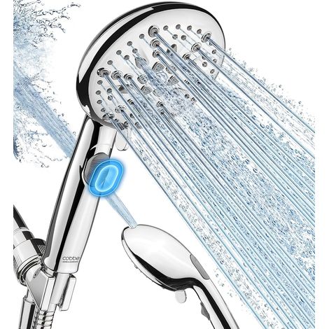 Pommeau de douche Cobbe à 9 fonctions avec jet puissant intégré, économie d'eau de 1,8 GPM, interrupteur marche/arrêt, douchette à main haute pression avec bouton pause, support en laiton et flexible (1/5)