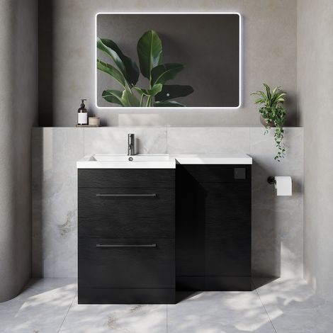 Napoli 460 Nero Oak 1100mm 2 Drawer Vanity Unit Toilet Suite with Left Hand Square Lucia Basin - 1100mm - Gunmetal Grey 320mm HandleWithout Kingston Toilet Pan