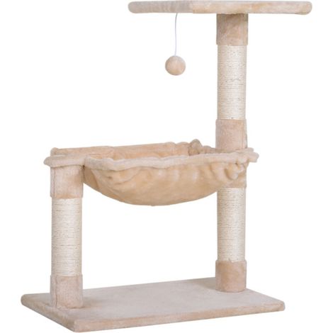 Arbre à chat 3 griffoirs grattoirs sisal naturel plateforme hamac et boule suspendue dim. 50L x 36l x 70H cm peluche courte beige