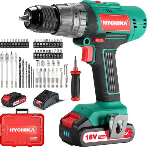 HYCHIKA Trapano Avvitatore Batteria 18V, Trapano a percussione 45 Nm, Batteria 2,0 Ah, 27 accessori, Ricarica rapida 1 ora, Coppia 21+3, 2 velocità, con illuminazione LED, per riparazioni domestiche (1/5)
