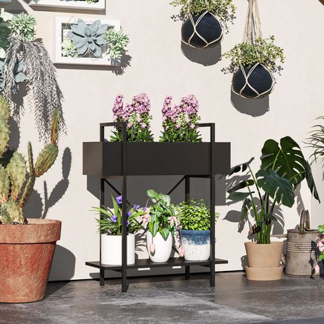 Soporte para plantas metálico negro de 2 niveles 60 x 25 x 70 cm OKWISH (1/5)