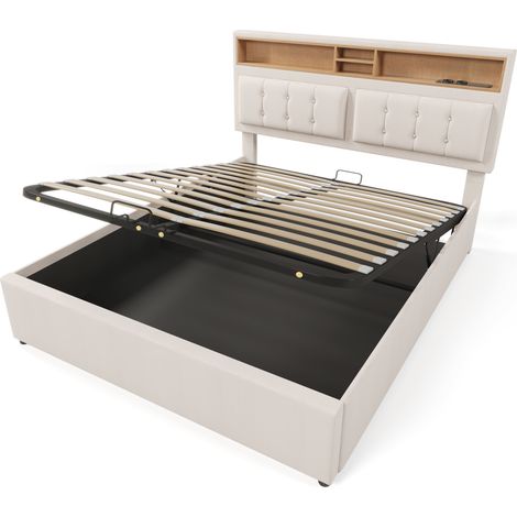 Cama 140x200 de lino con almacenaje, cabecero regulable, USB y enchufe, con colchón (1/5)