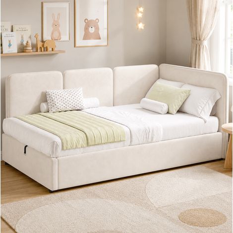 Cama diván moderna 90x200 cm de terciopelo beige, con cabecero y arcón hidráulico, laterales montables a izquierda o derecha (1/5)