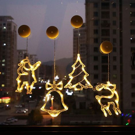 4 Stück leuchtende Weihnachts-Fensterlichter, LED-Saugnapf-Weihnachtsbaum-Lichter, Weihnachtsmann-Glocken, Weihnachtselch-Fensterbehänge für Weihnachtsdekoration (Weihnachts-Set A) (1/5)