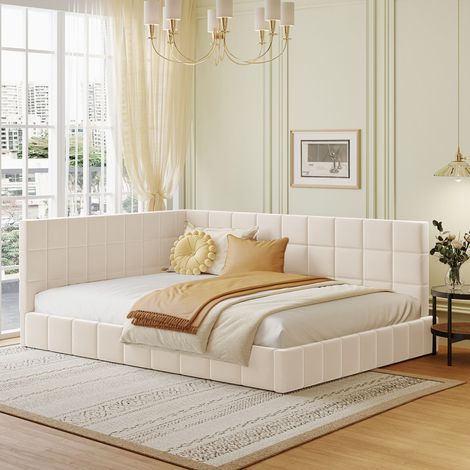 Lit banquette 140x200 avec sommier en tissu beige OKMYHOME (1/5)