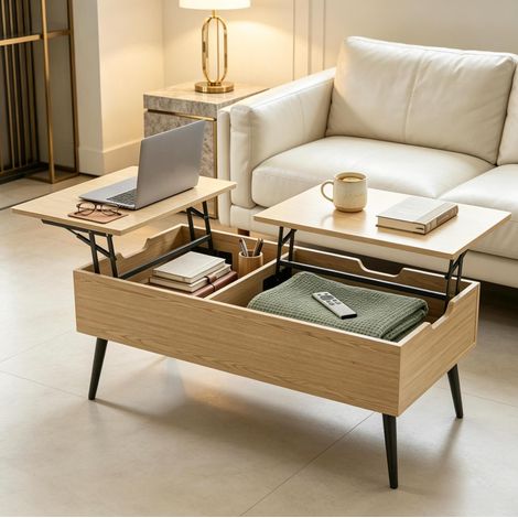 Mesa de centro de tablero de partículas y metal 100 x 50 x 43,6 cm negro/efecto madera, elevable (1/5)