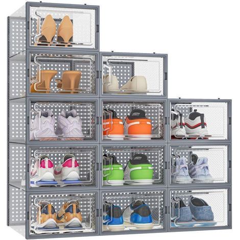 12pcs rangement chaussure boîtes de rangement pour chaussures en plastique transparent empilables,conteneurs pour organisateur gris