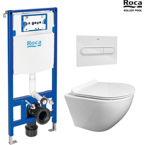 Bastidor ROCA duplo smart pack cisterna empotrada y pulsador PL1 cromo br con inodoro suspendido rimless in-wash inspira round (1/5)