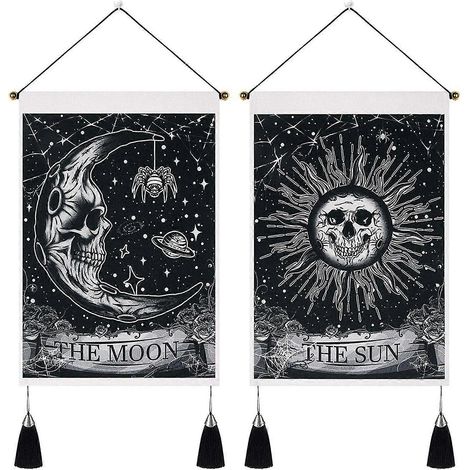 Lot de 2 tapisseries lune et soleil, tapisserie florale, tête de mort, étoiles psychédéliques, tapisserie noire à suspendre au mur (1/5)