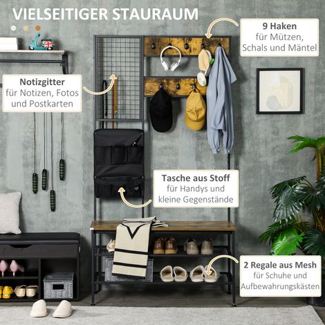 Armoire industrielle noire et marron avec tableau mémo, banc à chaussures, 8 crochets muraux et sac de rangement (1/4)