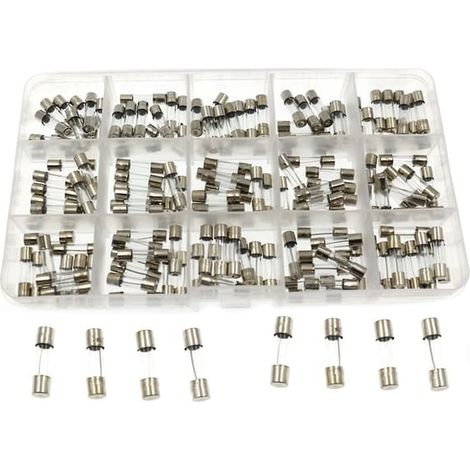 Lot de 150 bouchons en verre 5 x 20 mm (15 types différents) et 150 fusibles rapides de 0,1 A à 30 A. (1/5)