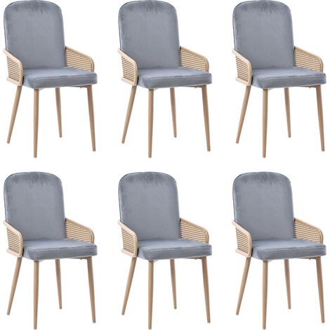 Chaise de salle à manger en velours, lot de 6, design en rotin, pour salon et chambre, avec quatre pieds métalliques effet grain de bois, gris (1/5)