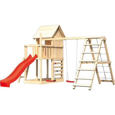 Akubi Stelzenhaus Frieda natur Rutsche rot+DS+KG+Kletterwand