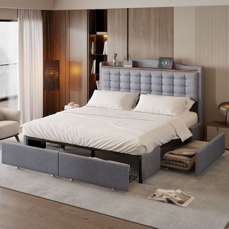 Lit double 160x200 cm, lit rembourré, table de chevet avec port de chargement USB et étagère, lit double plat avec 4 tiroirs, revêtement en lin gris (1/5)