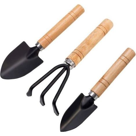 Mini Garden Tools - Set of 3: Planting Hand, Small Shovel/Rake, Wooden Handle - Garden Tools Label