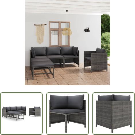 vidaXL Garten Lounge Set -  6-tlg. Garten-Lounge-Set mit Kissen Poly Rattan Grau (1/5)