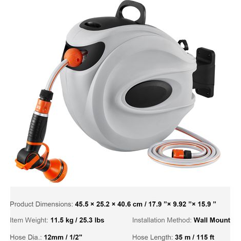 Mophorn Einziehbarer Schlauchaufroller 115 ft x 1/2 Zoll, 180° Schwenkhalterung, Wandmontierter Gartenschlauch mit 9-Muster-Düse und 3 Adaptern, Automatisches Aufrollen, Einstellbare Sperre