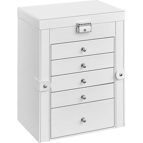 Grande portagioie/scrigno a 6 ripiani con ali cassetti specchio e chiusura per bracciali orecchini anelli e collane - Idea regalo - Bianco - 120004306