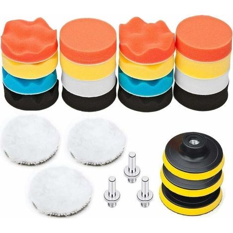 25Pcs Pollisage Voiture Kit, 75mm Éponge Disque de Polissage, Embout Polish pour Perceuse, Brosse a Polir pour Meuleuse,Tampon Lustrage avec M10 Adaptateu (1/4)