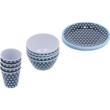 Ensemble de 12 pièces de vaisselle à pois bleu foncé : tasse, bol à salade, assiette, pour la maison et le restaurant. (1/5)