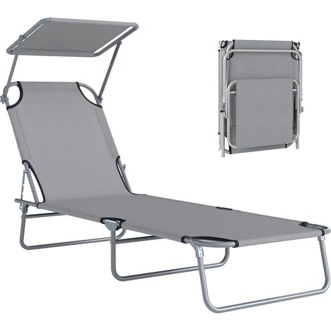 Sonnenliege, Gartenliege, Wellnessliege, Strandliege, klappbar, mit Sonnenschutz, 187 x 58 x 36 cm, Grau
