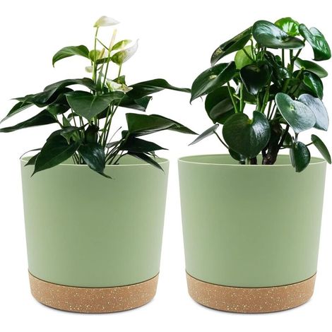 Lot de 2 Pots de Plantes 16.5cm, Pots pour Plantes d'intérieur avec Trous de Drainage et Base Amovible, Soucoupe décorative Moderne pour jardinières d'extérieur (Vert 16.5cm)