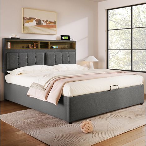 Cama tapizada con almacenamiento y USB gris 160x200 OKMYHOME (1/5)