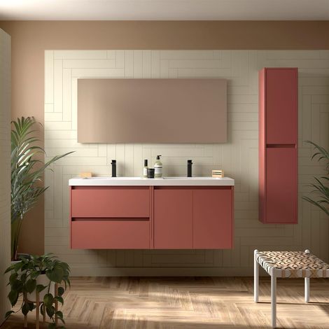 Meubles de salle de bains NOJA 1400 2 portes et 2 tiroirs ROUGE SATIN + Plan vasque + Miroir (1/2)