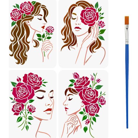 4 Styles Pochoirs à Motifs de Femme Rose Avec Un Pinceau 29.7x21cm Pochoirs de Peinture de Beauté Rose Pochoir de Dessin Dame Fleur Modèle Thèmes Personnages Pet pour Meubles Sol Bois (1/5)