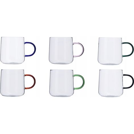 TAZAS DE VIDRIO RESISTENTES AL CALOR CON OREJAS DE COLORES 300 ml JUEGO DE 6 (1/5)