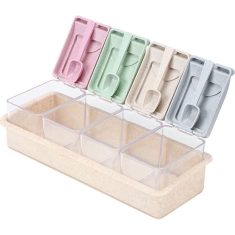 Boîte à épices à quatre compartiments pour poivre et sel, avec cuillère intégrée, idéale pour la cuisine. (1/5)