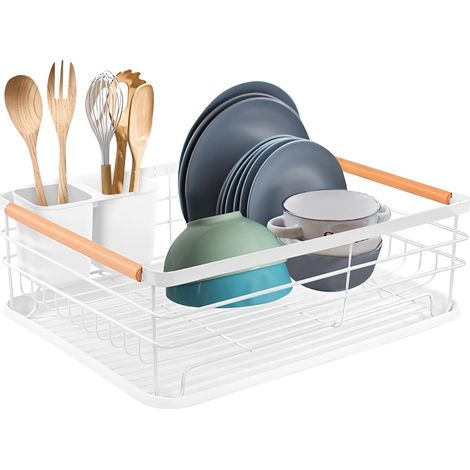 M.J COMFY-LIFE Dish Drainer Rack with Removable Drip Tray - Large Space Saving Kitchen Drying Rack for Plates, Bowls & Cutlery - Rust-Proof Metal Frame with Wooden Handles (WHITE) (1/5)