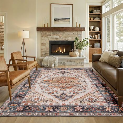 Marron - Tapis antidérapant et lavable de style bohème, tapis pour salon et chambre à poil court, 230x160 cm (1/4)
