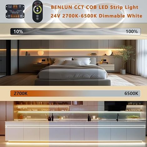 BENLUN CCT COB LED Strip 24V 20M (10M x 2), 2700K-6500K White Adjustable LED Strip, 10W/M CRI 93 Dimmable LED Strip, Remote Control and Power Supply Included, for Bedroom, Kitchen (1/4)