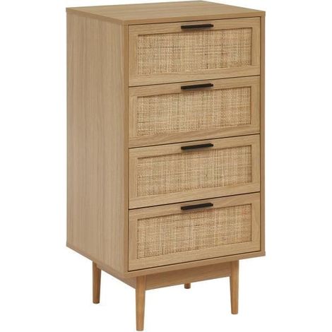 Les Tendances – Chiffonnier 4 tiroirs 50x39,5x95 cm en bois d'eucalyptus naturel – Façades en cannage rotin – Mobilier de rangement élégant