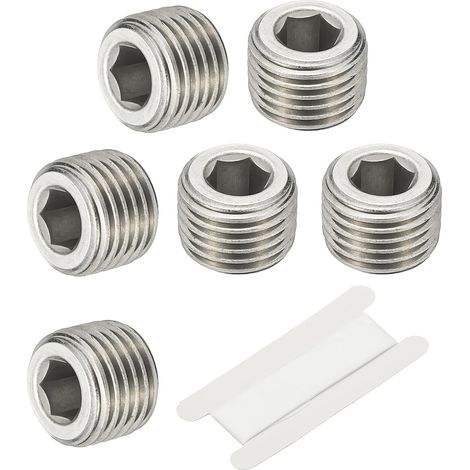 1/8" NPT Male Raccord De Tube À Hexagone Interne, 4 Pcs 304 Acier Inoxydable Kit Assortiment Bouchon Tête Filetée Frapper Adaptateur Avec Ruban, Argent - 1/4" (1/5)