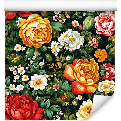 Papier peint à motifs floraux esthétiques, fond vert bouteille et orange, 50 x 1000 cm (1/5)