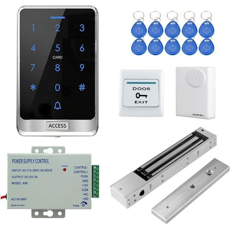 Full Set Contrôleur d'accès à écran Tactile étanche Extérieur 125KHz Clavier Lecteur de cartes, Serrure Magnétique Electrique 280kg/600lbs NC, Alimentation 3A, Sonnette de porte Boutons Clé (1/5)