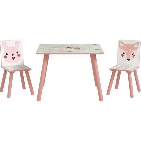 Kindertisch mit 2 Stühlen aus Holz und FSC-MDF mit Tiermotiven, Rosa, HOMVRA (1/5)