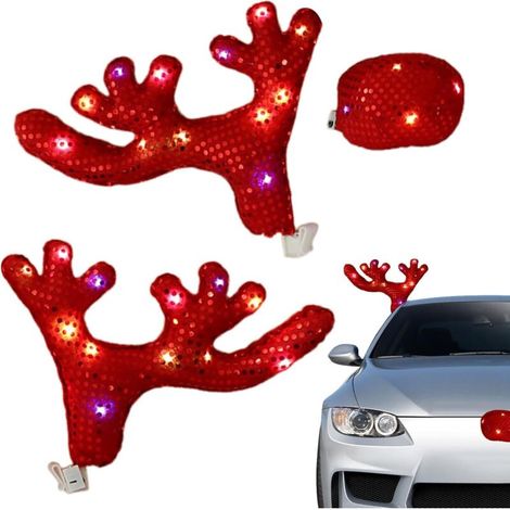 RHG Bois De Renne De Noël  Décoration Noël Renne Voiture  Kit De Décoration De Renne  Deco Renne Voiture Avec LED  Decoration Noel Voiture Pour Accessoires De Voiture Bois De Noël