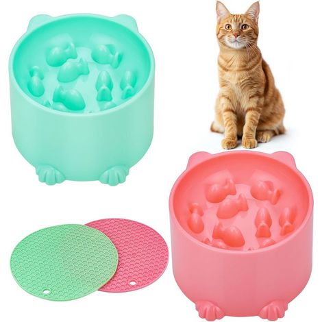 Erhöhter Anti-Schling-Katzennapf – Anti-Erbrechen-Napf, leicht zu reinigen, mit rutschfester Matte für Futter und Wasser (Rosa & Grün) (1/5)