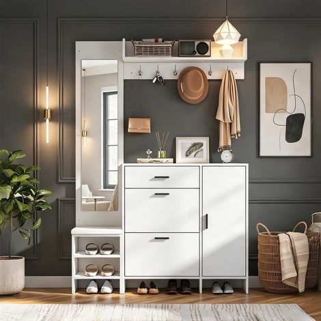 Meuble d'entrée blanc avec banc à chaussures miroir et patère (1/5)