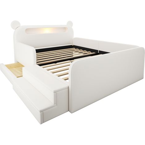 Lit enfant 140x200 cm avec tête de lit ours, veilleuse, port USB intégré, rangement et marchepied – sûr et pratique, garçons et filles, revêtement simili cuir, blanc. (1/5)