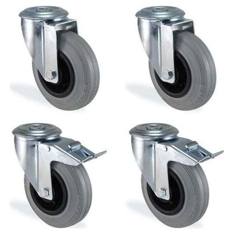 Lot roulettes à oeil pivotante et pivotnate à frein caoutchouc gris souple diamètre 80mm charge 150kg